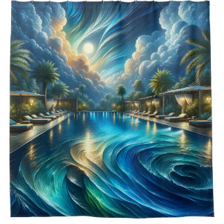 Rideaux De Douche "Serene Night Pool Scene - Vibrant Art Extérieur"