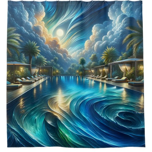 Rideaux De Douche "Serene Night Pool Scene - Vibrant Art Extérieur" (Devant)