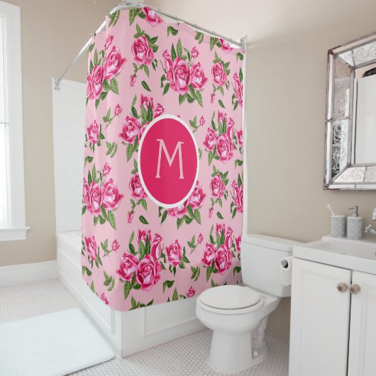 Rideaux De Douche Shabby Chic Monogramme Rose Roses Bain (En situation)