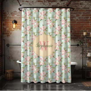 Rideaux De Douche Shabby Chic Vintage rose Floral Monogramme Aqua