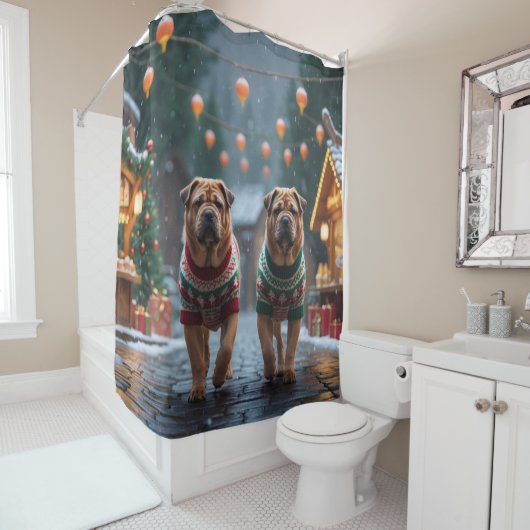 Rideaux De Douche Shar Pei  Dogs Christmas Snow Holiday (En situation)