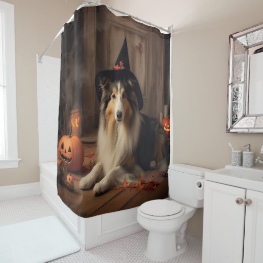 Rideaux De Douche Shetland Sheepdog Citrouille Halloween effrayant (En situation)