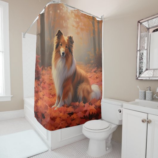 Rideaux De Douche Shetland Sheepdog en automne Feuilles automne Insp (En situation)