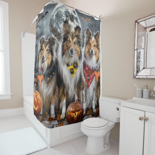 Rideaux De Douche Shetland Sheepdog Halloween Éffrayant (En situation)