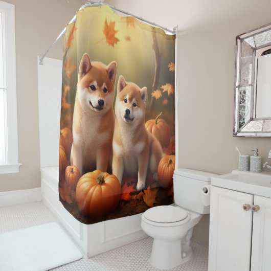 Rideaux De Douche Shiba Inu Chiot Automne Citrouille de plaisir (En situation)