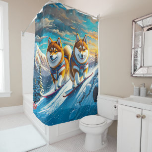 Rideaux De Douche Shiba Inu On Snowboards 02 Design : Rich AMeN Gill