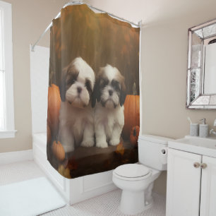 Rideaux De Douche Shih Tzu Puppy Automne Citrouille de plaisir