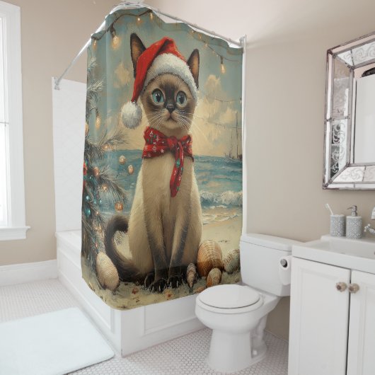 Rideaux De Douche Siamese Cat Christmas Vintage Beach (En situation)