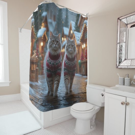 Rideaux De Douche Siberian Cats Christmas Snow Holiday  (En situation)