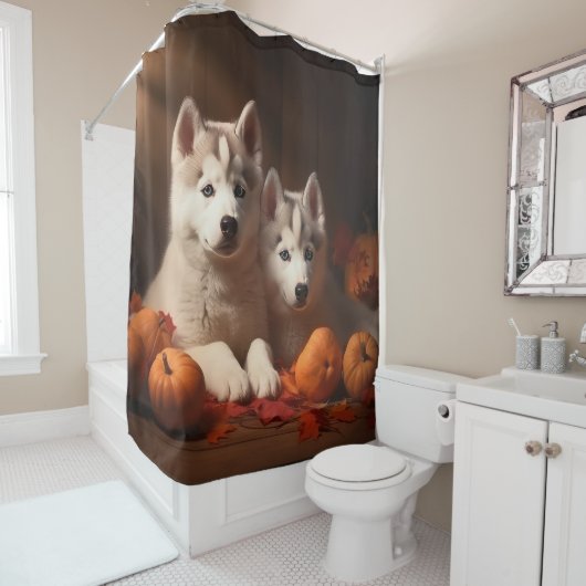 Rideaux De Douche Sibérie Husky Puppy Citrouille d'automne (En situation)