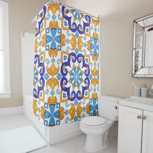 Rideaux De Douche Sicilian Vibrant Majolica Scrollwork Mediterranean (En situation)