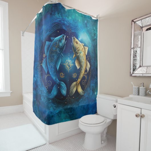 Rideaux De Douche Signe de zodiaque Pisces Design d'aquarelle (En situation)
