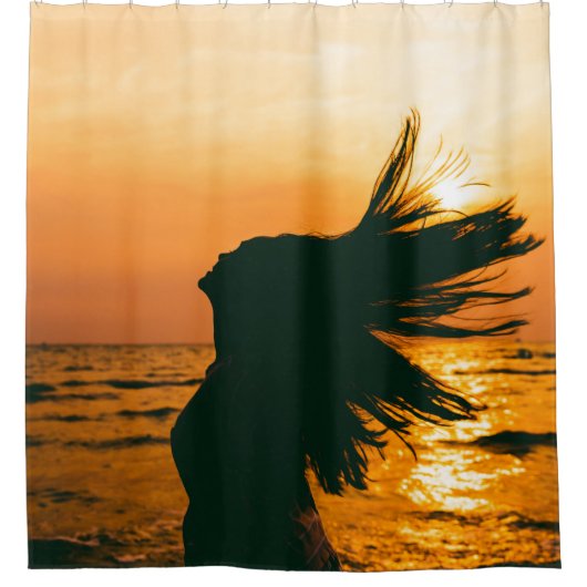 Rideaux De Douche Silhouette de fille, coucher du soleil sur la mer, (Devant)