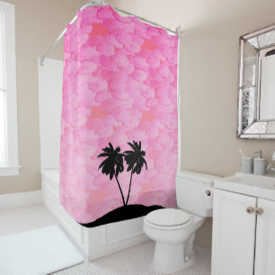 Rideaux De Douche Silhouette de palmier contre l'aube rose avec nuag