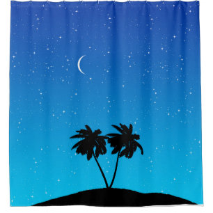 Rideaux De Douche Silhouette Palmier Contre Bleu Du Soir