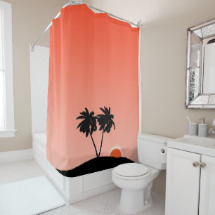 Rideaux De Douche Silhouette Palmier Contre Orange Coucher Du Soleil