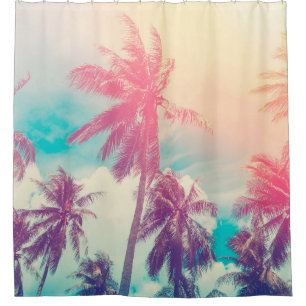 Rideaux De Douche Silhouette tropical palm tree with sun light on su