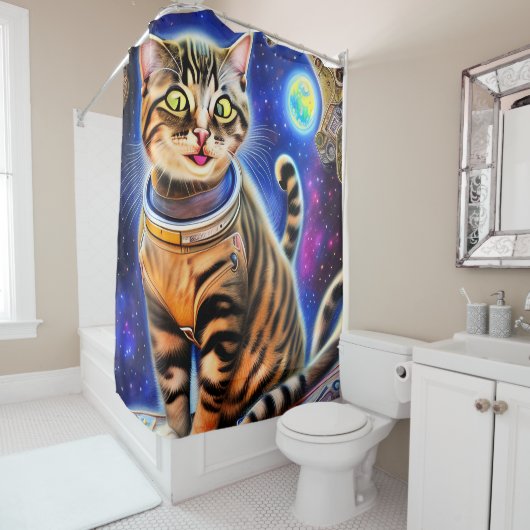 Rideaux De Douche Silly Cat in Space World Mème (En situation)