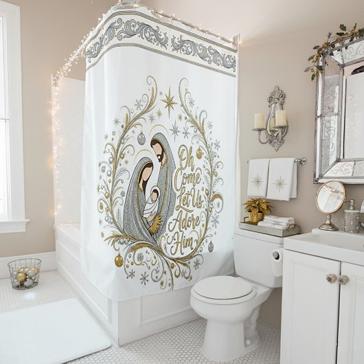 Rideaux De Douche Silver and gold nativity Christmas