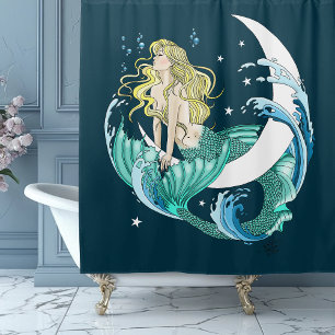 Rideaux De Douche Sirène Blonde Lune Croissante Art Déco Fantastique