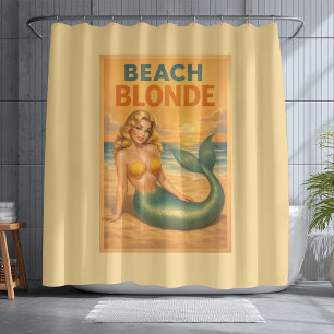 Rideaux De Douche Sirène Pin-Up Blonde de Plage Rétro Côté Jaune