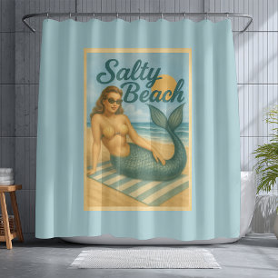 Rideaux De Douche Sirène pin-up de plage salée Art rétro bleu côtier