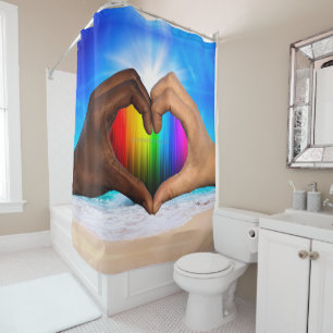 Rideaux De Douche SlipperyJoe dégradé de cœur arc-en-ciel vif interr