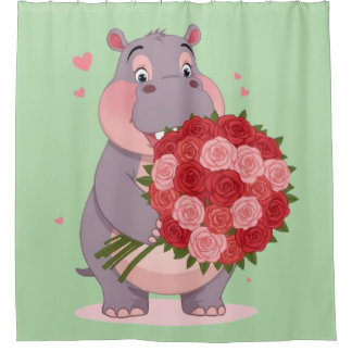 Rideaux De Douche Smiling cartoon hippo holding a huge bouquet 