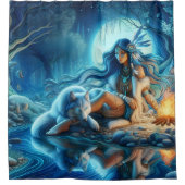 Rideaux De Douche Soirée rivière calme avec Amérindiens et loups (Devant)