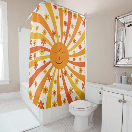 Rideaux De Douche Soleil Rétro Avec Fleurs Hippie Soleil (En situation)