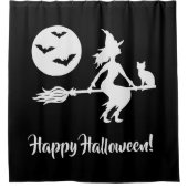 Rideaux De Douche Sorcière Sur Un Broom Noir Et Blanc Joyeux Hallowe (Devant)