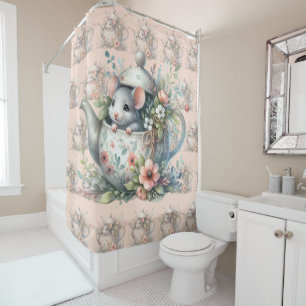 Rideaux De Douche Souris mignonne en théière florale Illustration