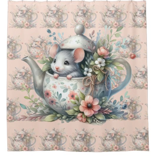 Rideaux De Douche Souris mignonne en théière florale Illustration (Devant)
