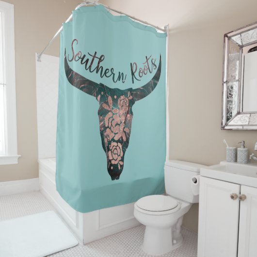 Rideaux De Douche Southern Roots Country Longhorn Rose & Green (En situation)