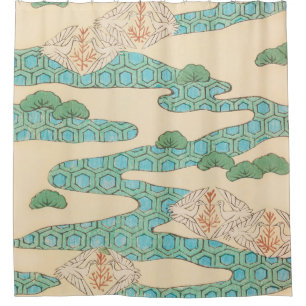 Rideaux De Douche Spring Birds on Hexagon Mountains Vintage Japanese