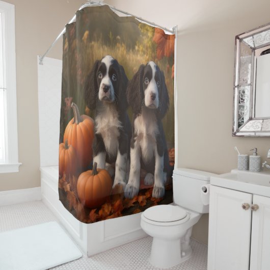 Rideaux De Douche Springer Spaniel Chiot Automne Citrouille de plais (En situation)