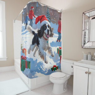 Rideaux De Douche Springer Spaniel courant dans la neige avec un cha