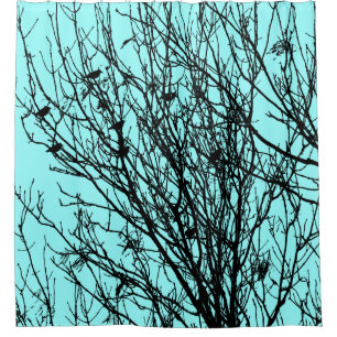 Rideaux De Douche Starlings dans un arbre - Contraste élevé - Bleu g