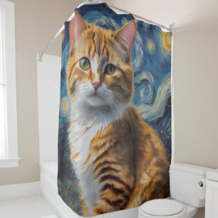 Rideaux De Douche Starry Night Art with a Cat
