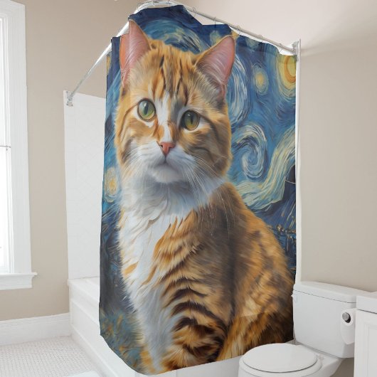 Rideaux De Douche Starry Night Art with a Cat