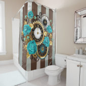 Rideaux De Douche Steampunk Clock and Turquoise Roses on Striped (En situation)
