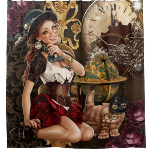 Rideaux De Douche Steampunk Girl Horloge et chat 