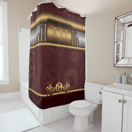 Rideaux De Douche Steampunk, laiton sur roues marroon, Monogramme (En situation)