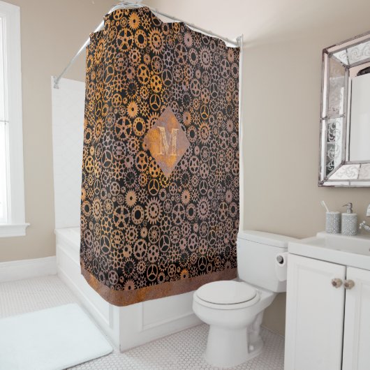 Rideaux De Douche Steampunk Rousty Acier engrenages Monogramme perso (En situation)