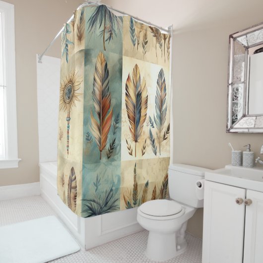 Rideaux De Douche Stick de médecine des plumes tribales Aztec (En situation)