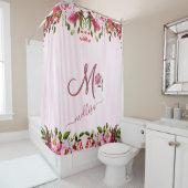 Rideaux De Douche Stripes Jardin Floral Rose Personnalisé Monogramme (En situation)