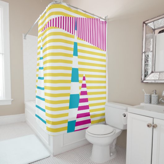 Rideaux De Douche Stripes on Stripes - Turquoise, Jaune et Rose (En situation)