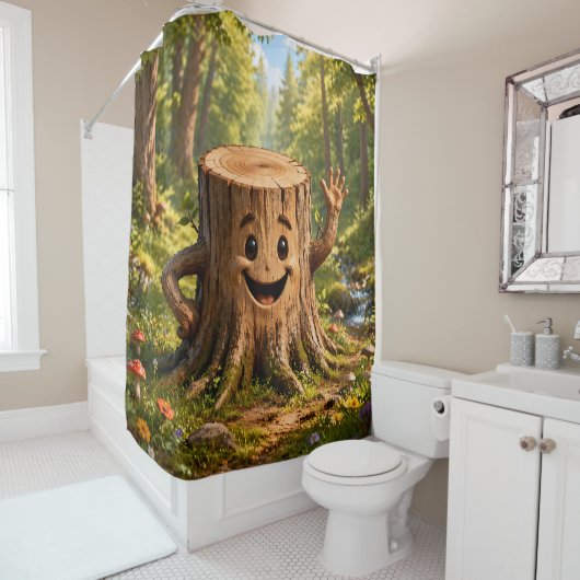 Rideaux De Douche Stumpy la souche d'arbre amicale, forêt enchantée (En situation)