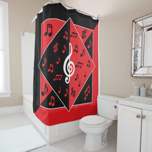 Rideaux De Douche Style Art Déco Musique Blancs Noir Rouge (En situation)
