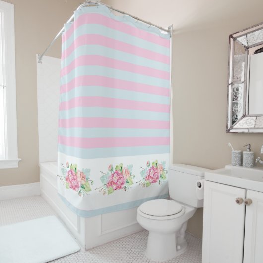 Rideaux De Douche Style chalet rose et bleu Hydrangea Floral Retro (En situation)